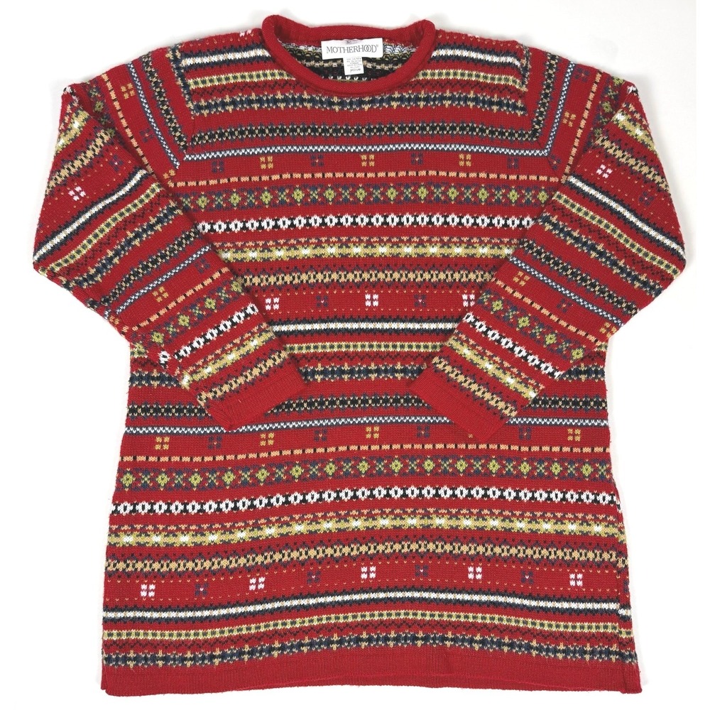 Motherhood Vintage Red Fair Isle Knit Maternity Sweater‎ Crew Neck Medium
